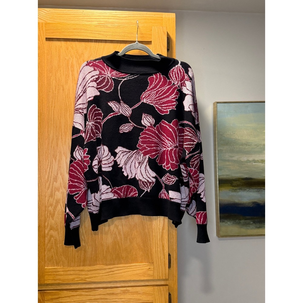 Eloquii Elements Floral Intarsia Knit Sweater Black Pink Burgundy Plus 22/24